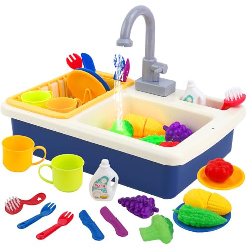 Kids Kitchen Play Sink Toy Set Pretend Role Play Kitchen Toys Kitchenware Toy Set with Running Water Cycle System,Play Food and Cutting Play for Boys Girls 3 4 5 6 7 Years Old(Blue)