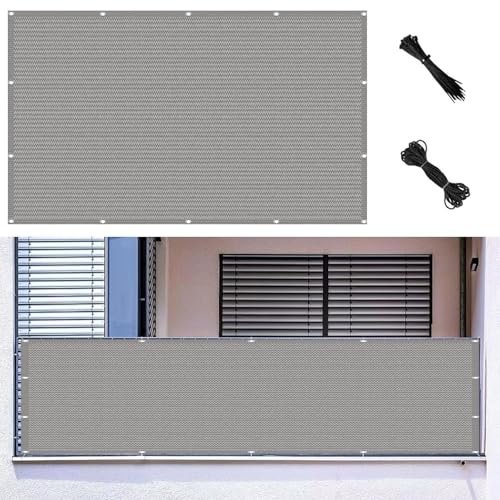 Balkon Sichtschutz 80 x 80 cm Leicht Wind- Und Uv-Schutz Reißfest, 90% Beschattungsgrad mit Kabelbinder Balkonumspannung Zaunschutz, für Balkon Garten, Hellgrau