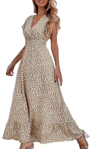 BSLVWG Damen Maxi Kleid Rüschen Blütenblatt Kurzarm V-Ausschnitt Floral Flowy Sommer Strand Urlaub Sundress Casual Langes Kleid (DE/NL/SE/PL, Alphanumerisch, XL, Regular, Regular, Khaki)