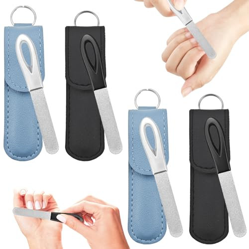Paquete de 4 limas de uñas de metal con funda, lima de uñas de doble cara con mango antideslizante, lima de uñas esmerilada de acero dorado para recortar y pulir uñas de manos y pies