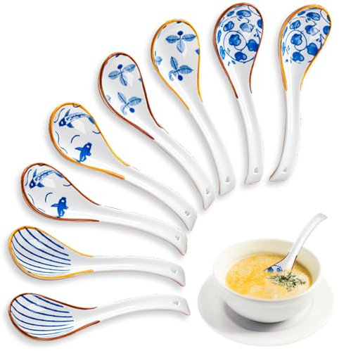 8 Stück Asiatische Suppenlöffel, 16 x 4.5 cm Retro Muster Chinesische Suppenlöffel, Ramen Löffel mit Blumenmuster, Keramik löffel Geeignet für Knödel, Reisnudeln, Nudeln, Wonton, Suppen