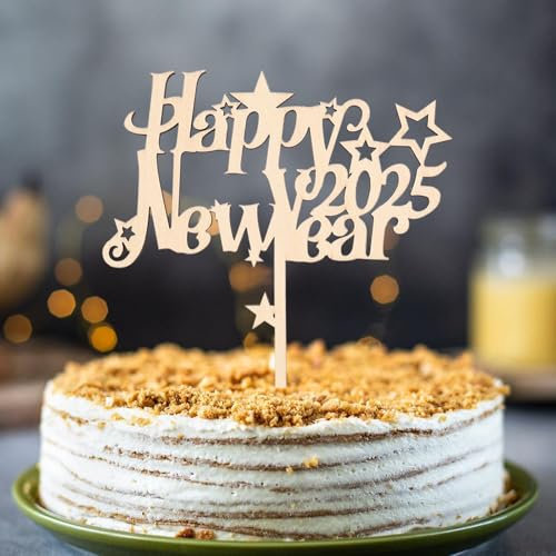 Gleevio Holz Cake Topper Happy New Year 2025, Silvester Deko Tortendeko, Kuchendeko Neujahr, Torten Topper, Deko Kuchen