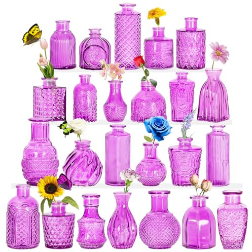 Lot de 24 mini vases en verre à bourgeon, centres de table, transparents, vintage, adaptés pour la décoration de table, d'anniversaire, mariage, fête prénatale (24, violet)