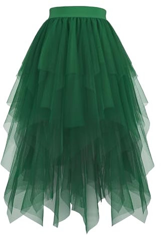 Hanpceirs Damen Tüll Röcke High Low Layered Puffy Fee Röcke A-Linie Midi Rock Unregelmäßiger Tutu Rock Dunkelgrün XL
