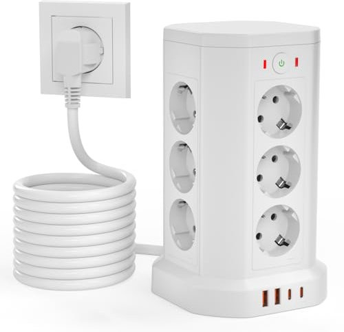 16 en 1 Tour Multiprise Parafoudre, 12 Prises Multiprise Electrique avec 2 Ports USB-A et 2 Ports USB-C, Multiprise avec Interrupteur et Surtension pour Bureau Maison Voyage, 2M Câble, Blanc (12 AC)