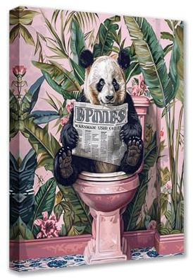 Tucocoo – Niedlicher Panda-Stil Leinwanddruck auf Toiletten lesend Zeitung – 1P Bild mit tropischer Pflanze – Poster und Drucke – Moderne Kunst für Wohnzimmer, Schlafzimmer