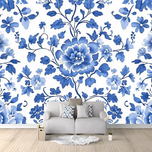 Papier Peint Panoramique Vignes À Fleurs En Porcelaine Bleue Et Blanche 500x280 cm Papier Peint Poster Mural 3D, Tapisserie Photo Peinture Murale Intissé Fresque pour Salon Chambre Toile Fond TV