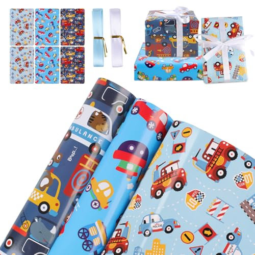 Geschenkpapier Junge Fahrzeug, 3 Blatt Cartoon Geschenkpapier Kinder 51 * 75 cm, Baustelle Geburtstagspapier Set Auto Bagger, Geschenke Wrapping Paper für Kindergeburtstag Party (Blau)