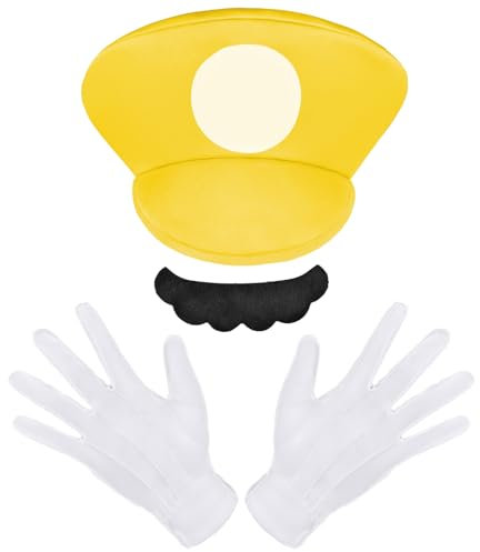Aomig Cosplay Kostüm Zubehör Mütze, 3Pcs Faschingkostüme Hüte mit Schnurrbärte Handschuhe, Super-Brüder Kostüm Hut Cap für Karneval Halloween Rollenspiel Faschingkostüm für KinderJunge Mädchen (Gelb)
