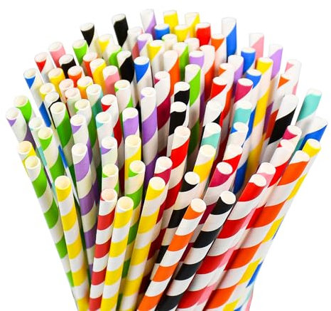 Lives on Green [100 Stück] 19,7cm Bunt Gestreifte Einweg-Trinkhalme aus Papier, 10 Farben, Kompostierbar - für Cocktail, Party, Cake Pops, Basteln