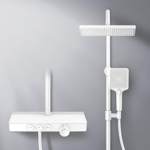 EMKE Duschsystem mit Thermostat, regendusche mit thermostat, 30x20cm Duschset, Brauseset Handbrause mit 3 Strahlstärken, Regendusche Duschsystem mit Glasablage, KTW Zertifizieren, MattWeiß