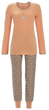 Ringella Damen Schlafanzug, 100% Baumwolle Single Jersey, Langarm | Pyjama mit Rundhalsausschnitt, Motivdruck Kirschen, Hose mit elastischem Bund & Strickbündchen, Animalprint, hautfreundlich