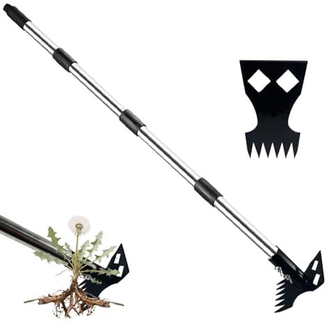 Estrattore di erbacce con manico lungo, manico staccabile da 148 cm, rastrello manuale 2 in 1 e zappa da giardino, resistente per dente di leone, cortile, prato, patio, giardino (nero)