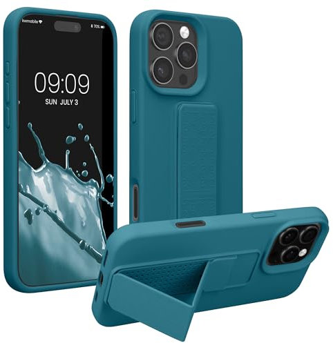 kwmobile Case Compatible with Apple iPhone 16 Pro - Case with Hand Strap and Stand Soft TPU Silicone Coating - Teal Matte