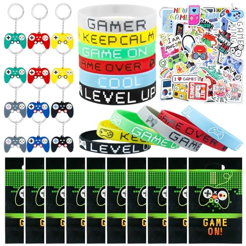 Luclay Game Party Bag Fillers Party Favours Kids- Video Gaming Birthday Gift Party Bags with Goodie Party Bags Slap Bands Stickers Keychains for Boys Kids Birthday Gaming Gamers Lovers Supplies