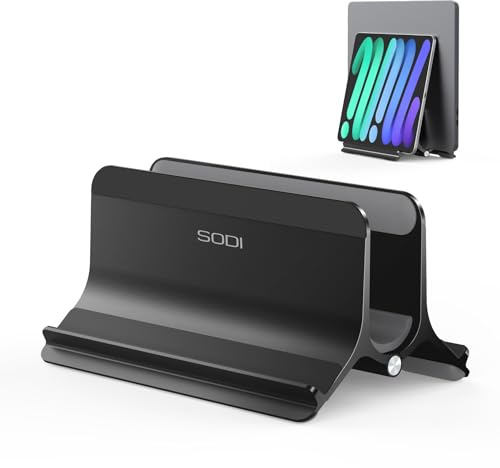 SODI Vertikaler Laptop Ständer, Schwerkraft-Automatik, Aluminium Vertical Laptop Stand, Verbessert Rundumschutz MacBook Stand für MacBook Pro/Air, Laptops, Tablets, Phone, Schwarz