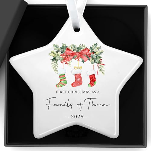 Christmas Decorations Gifts star shaped Double Sided Baubles Personalised First Christmas As A Family Of Three Ceramic Christma Tree Bauble for New Parents Newborn Girls Boys Gift Xmas Ornament