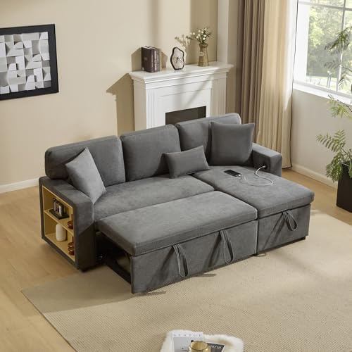 BTM Corner Sofa Bed with Integrated Shelf and USB Port on the Armrest, Extendable L-Shaped Sofa Bed with Storage Bed Box, Pull Out Bed Daybed with Integrated Casters, Dark Grey