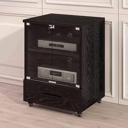 PP-Vic Stereoschrank Aus Massivholz Mit Glastür Medienständer Audio-Rack Mit Rädern Stereokomponenten-Aufbewahrungsschrank AV-Schrank Mit Projektor DVD-Player Spielkonsole Kabelbox,77cm Black