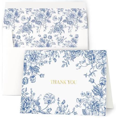 AUDREE 50 Set Thank You Cards with Envelopes (3.5x5) - Gold Foil Elegant Blue Floral Thank You Cards with Matching Adhesive Envelopes - Perfect for Wedding, Bridal Showers, Baby Showers, All Occasion