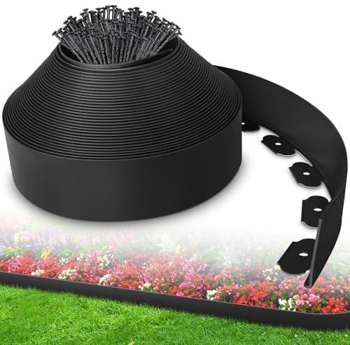 Flexible Rasenkante Kunststoff, 10m mit 50 Erdanker, Unsichtbare Beetbegrenzung Beeteinfassung Beetumrandung- 50mm Schwarz-Vielseitige Beeteinfassungen für Gärten und Rasenflächen