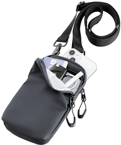 TROIKA Smartphone Umhängetasche Black SMARTBAG großes Fach für das Smartphone und weiteres Fach für andere Utensilien mit Gurt und Metallkarabinern aus Polyester, Tarpaulin (Plane) in schwarz