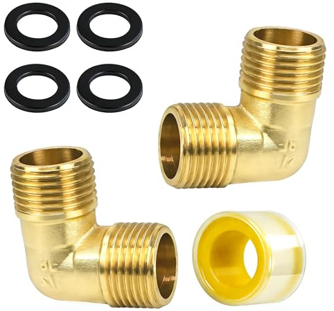 JAXICREY 2 Stück Messing Winkel 1/2 Zoll, DN15 90 Grad Gewinde Fitting Beweglich Verschraubung Dichtband Gummidichtung Rohrwinkel Bogen für Wasserinstallationen Rohranschluss Wassertank