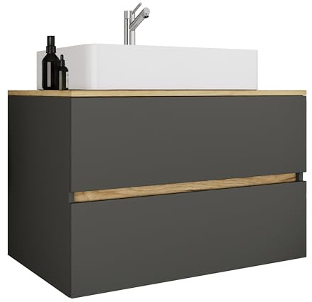 VCM 2-TLG. Waschtisch mit Keramik Aufsatzbecken, Badschrank mit 2 Softclose-Schubladen, Maße Waschplatz Set: H. 51 x B. 80 x T. 47 cm, Cosila-A