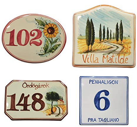 Numero civico per esterno e interno, Targa in ceramica fatta a mano personalizzbile con indirizzo, nome famiglia e decoro - quadrata, rettangolare, ovale