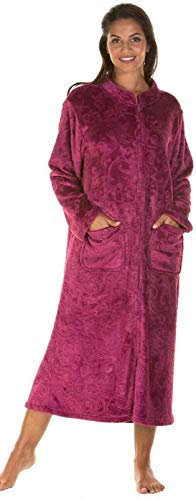 Langer Damen-Bademantel mit geprägtem Reißverschluss vorne, Gr. S bis Übergrößen Gr. 46, Dunkelrosa