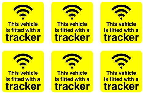 Set of 6 Stickers This Vehicle is Fitted with a Tracker Sign Vehicle Stickers Self Adhesive Each Sticker is 120mm x 120mm (Please Note These are not Reverse Printed Window Stickers)