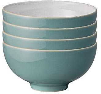 Denby - Elements Fern Green Rice Bowls Set of 4 - Dishwasher Microwave Safe Crockery 480ml 13cm - Green, White Ceramic Stoneware Tableware - Chip & Crack Resistant Soup Bowls