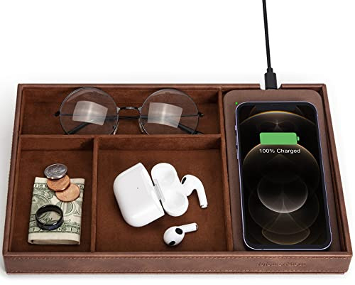 Valet Tray, integriertes kabelloses Ladepad, Nachttisch-Organizer, Kommoden-Organizer, Herren-Schmuckschatulle, Valet-Ladestation, Kunstleder-Tablett für Männer und Frauen, Braun