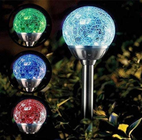 Garden Mile Lot de 4 lampes solaires LED en forme de globe en verre craquelé changeant de couleur en acier inoxydable pour jardin, allée, terrasse, parterre de fleurs
