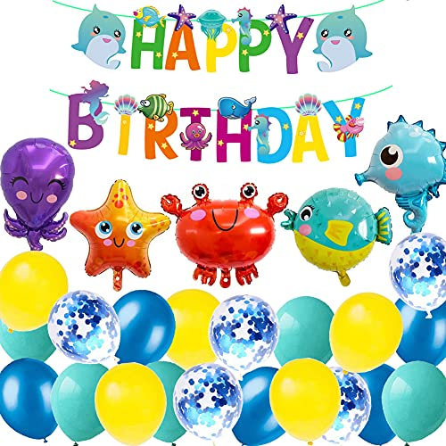 Geburtstagsdeko Ozean Geburtstag Party Dekoration Meer Tiere Tintenfisch Krabbe Kugelfisch Seestern Hippocampus Folienballon Geburtstagsdeko Jungen Birthday Decorations