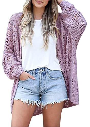 Kinstell - Cardigan lungo lavorato a maglia con maniche a pipistrello, parte anteriore aperta, all'uncinetto, cavo, leggero, di grandi dimensioni, per esterni, Viola, S