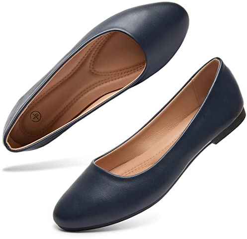 hash bubbie Women's Flats Shoes Ballet Flats Dress Shoes Comfortable PU Leather Slip on Shoes for Women(Navy .US8)