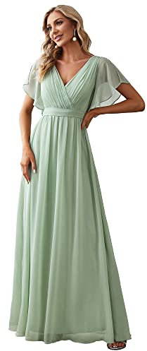 Ever-Pretty Damen Festliches Kleider Gürtel Lang A-Linie Empire Kurze Ärmel V-Ausschnitt Chiffon Elegant Minzgrün 38EU