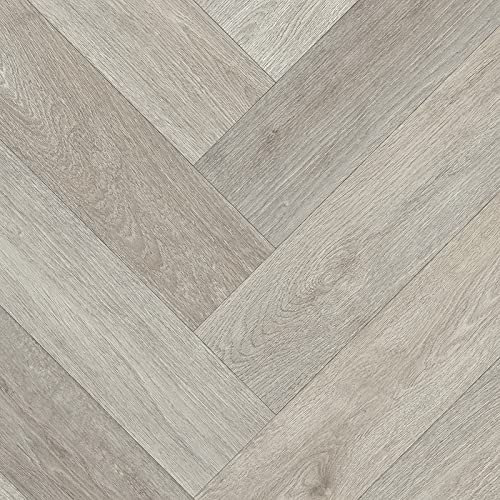 Plank & Parquet Effect Vinyl Flooring 2.6mm Thick Anti-Slip Lino for Bathroom Kitchen Hall (Light Grey Herringbone, 5m x 4m)