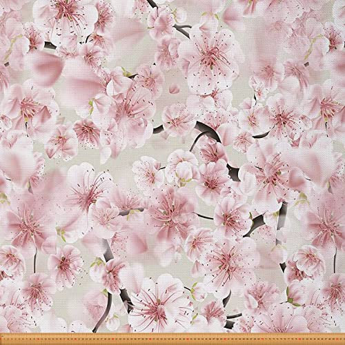 KirschblüTen Polsterstoff Japanischer Blumenstoff Meterware Rosa Blumenzweig Dekorationsstoff Romantische Pflanzenblätter Wasserdichter Draußen Stoff Polster Wohnakzente 92 x 150 (HxB)