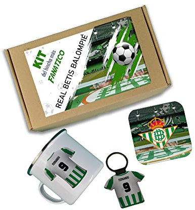 Caja de regalos del Betis personalizada con nombre, taza del Betis, llavero del Betis, posavasos del Betis