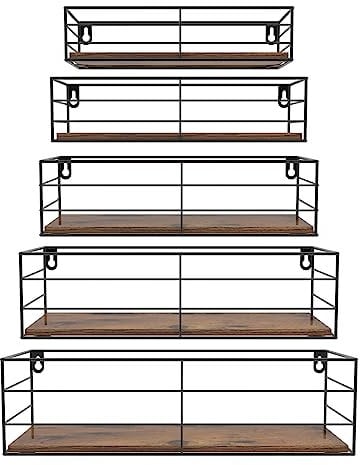 HORLIMER 5er-Set Wandregal, Schweberegal mit Schwarz Metal Stäben und Braun Holzbrett, Rustikale Regal Wand für Küche, Bad, Schlafzimmer, Wohnzimmer und Büro (Rechteckig)