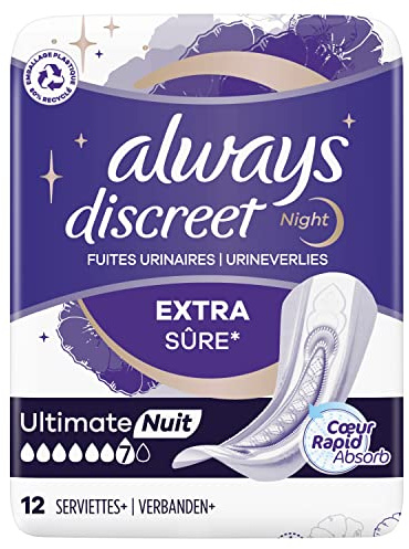 Always Discreet Binden für Blasenschwäche, für Damen, Ultimate Night 12 Stück, extra sicherer und diskreter Schutz