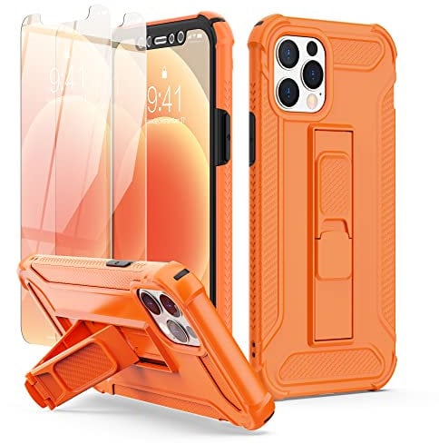 ORETECH for iPhone 12 Case, iPhone 12 Pro Phone Case, and [2 x Tempered Glass Screen Protectors] [Built-in Kickstand] Military Grade Shockproof 360 Full Body Protective Silicone Bumper Cover - Orange