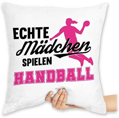 Shirtracer Kissen 40x40 Zierkissen - Deko Hobby - Echte Mädchen Spielen Handball - Sprungwurf - 40 x 40 cm - Weiß - Maedchen