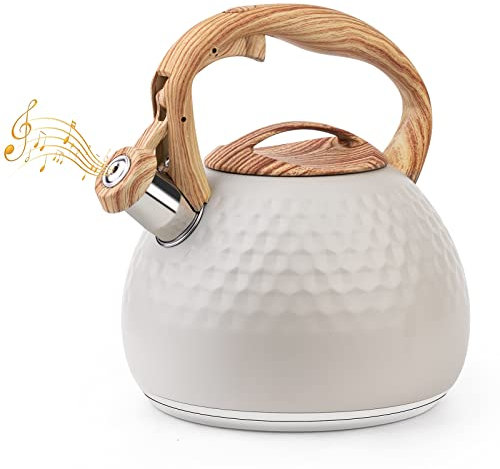 ERWEY Bollitore moderno a induzione da 3 l, in acciaio inox, per tutti i piani cottura, bollitore a flauto con manico di colore legno, bollitore per tè caffè, beige