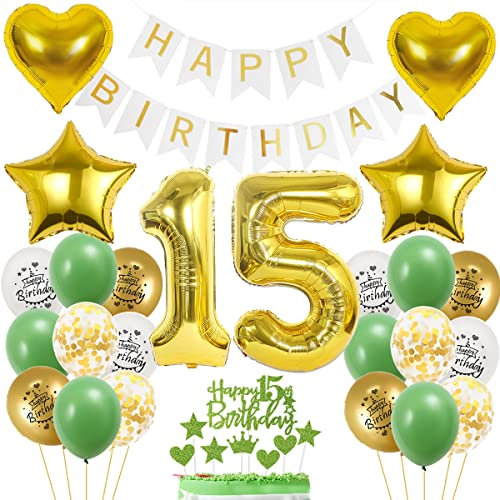 15. Geburtstag Dekoration, Mädchen Geburtstagsdeko 15 Jahre, Tortendeko Geburtstag 15 Jahre Mädchen, 15 Deko Grün Gold, Luftballon 15. Geburtstagsdeko mit 15. Tortendeko