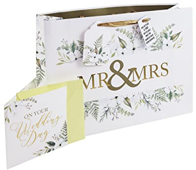 Eurowrap White Kraft Mr & Mrs Gift Bag and Greeting Card Set With Gift Tag, Design By Jeff Banks 100% Recyclable (XL Bag White)
