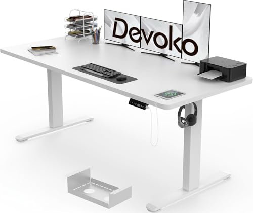 Devoko Electric Standing Desk 140x70cm with USB Charging Height Adjustable Desk with Desktop Sit Stand Up Table Heavy Duty Steel 3 Memory Smart Pannel(White)