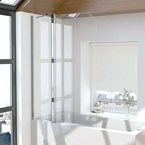 Duschwand für Badewanne 2-teilig 100x140cm Duschabtrennung, Faltbar mit festem Segment Glas Badewannen Badewannenaufsatz 6mm EGS Sicherheitsglas mit Nano beschichtung, Silber Schwenktür Duschtrennwand